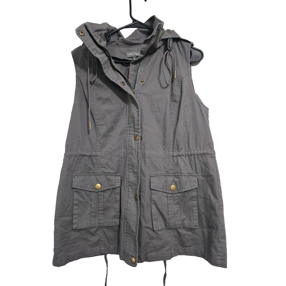 Market & Spruce Medium Gray Cargo Utility Hooded Gorpcore Vest
